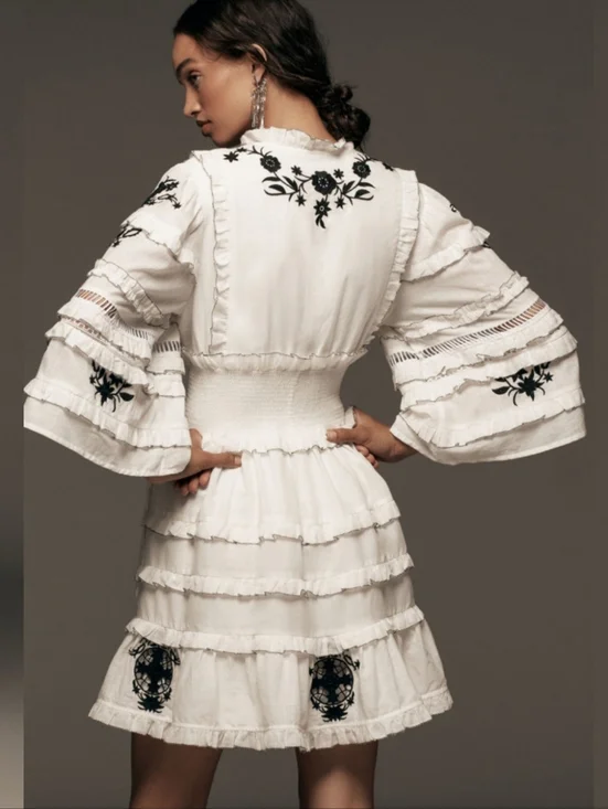 Anthropologie Mini Dress Embroidered Ruffled Vacay Preppy Boho - Picture 3 of 9